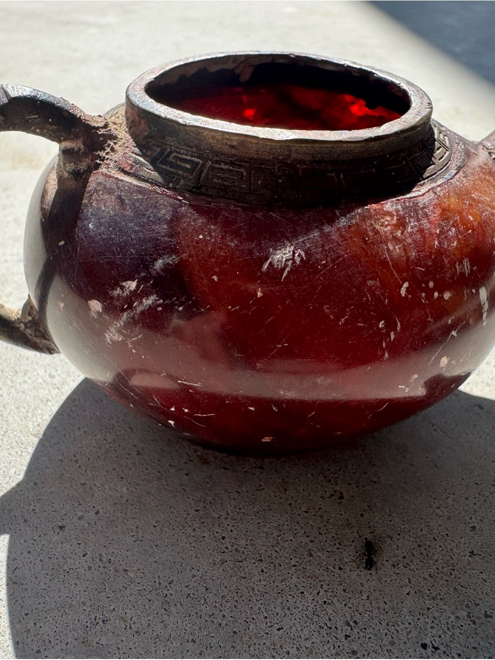 Antique Chinese Carnelian Agate Teapot Bronze Mounted Qianlong Mark No Lid